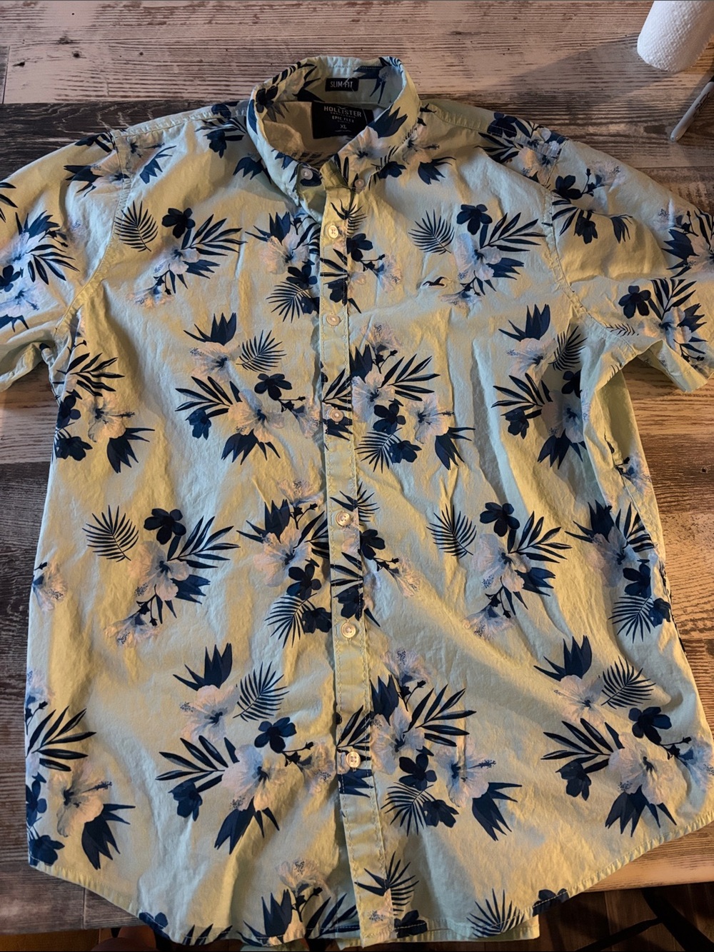 Hollister Light Green Short-Sleeve Floral Button-Down Shirt with Navy Print